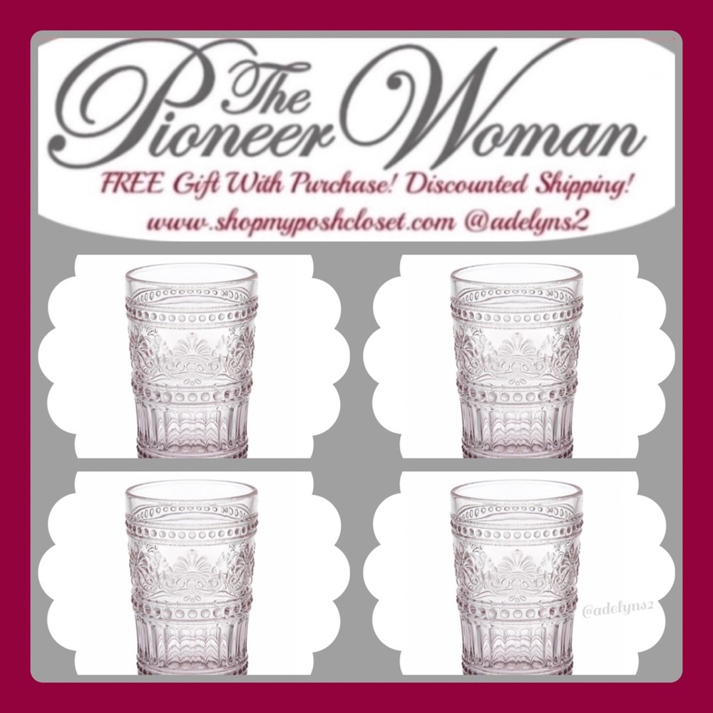 🌺 RARE 🌺 EUC Pioneer Woman Cassie Glass 4-Piece Highball Tumblers Set Pink